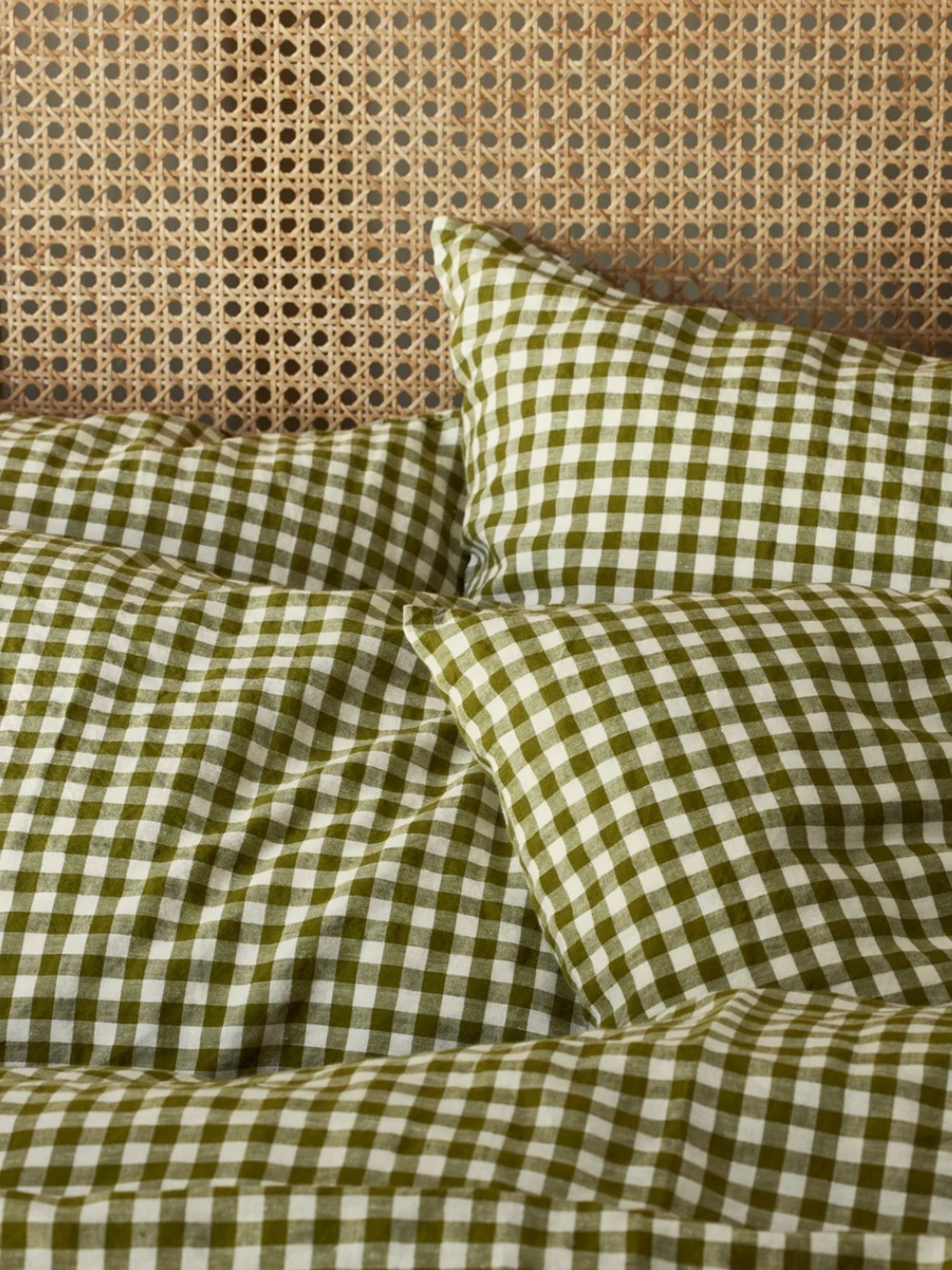 Piglet In Bed Botanical Green Gingham Duvet Covet Set 100% Linen